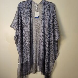 Jovie Womens Zebra Print Metallic Kimono Wrap Fringe Hem Silver Black OS